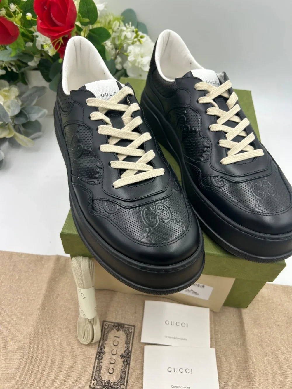 Men’s Gucci GG embossed black leather sneakers.Size11 (fits 11.5.) Made in Italy